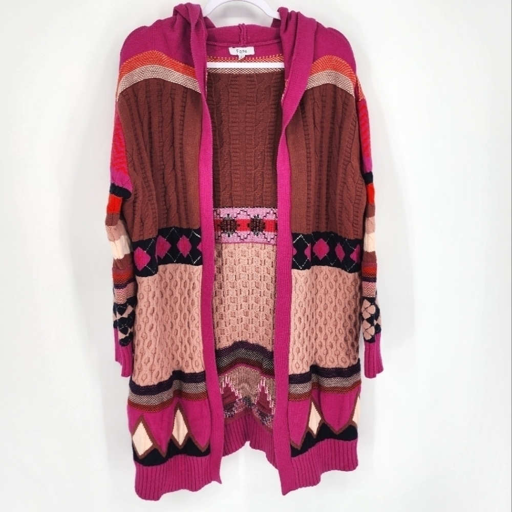 Fate Fair Isle Argyle Open Front Hooded Cardigan Sweater Large